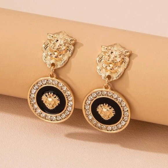 90’s Style Glam Gold & Black Lionhead Door Knocker Statement Earrings - Picture 2 of 13